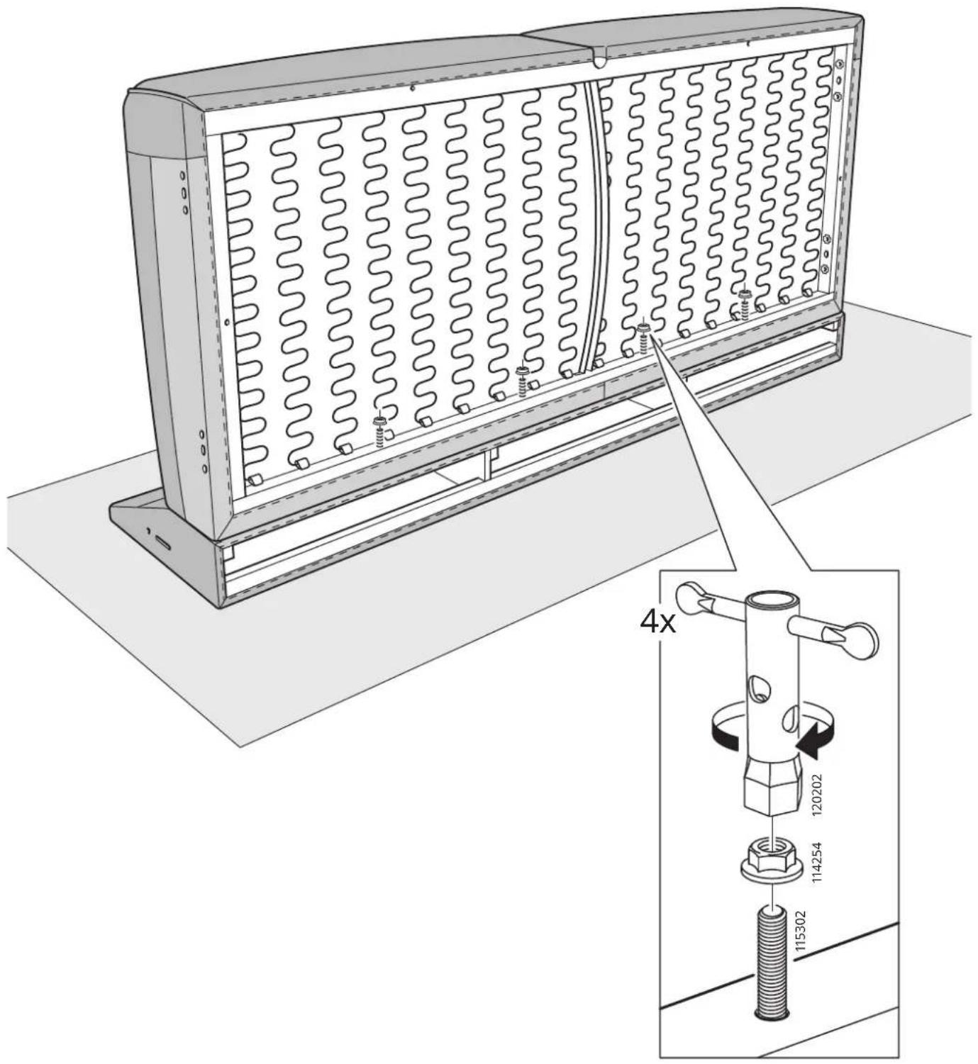 Technical diagram of a heat exchanger unit with spring-loaded housing and internal components, including a 4x magnified view of the component assembly.