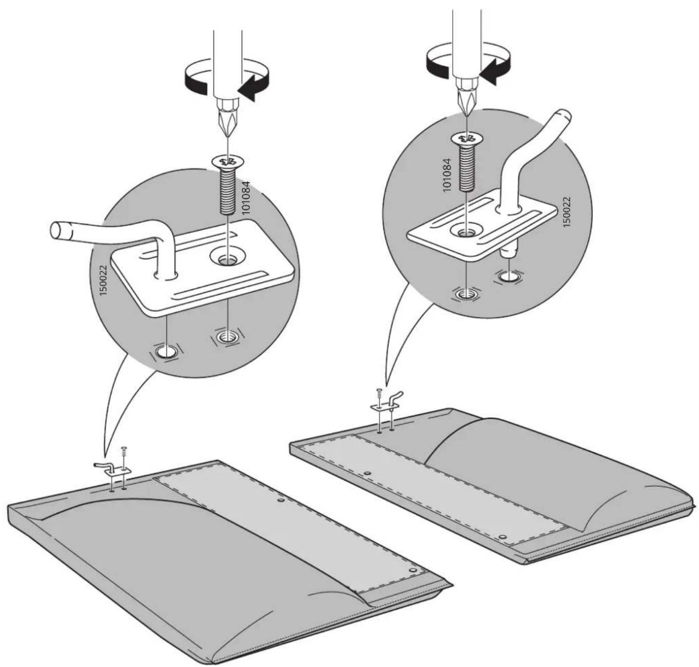 Technical diagram illustrating a mechanical assembly process with labeled parts and directional arrows indicating motion or assembly steps.