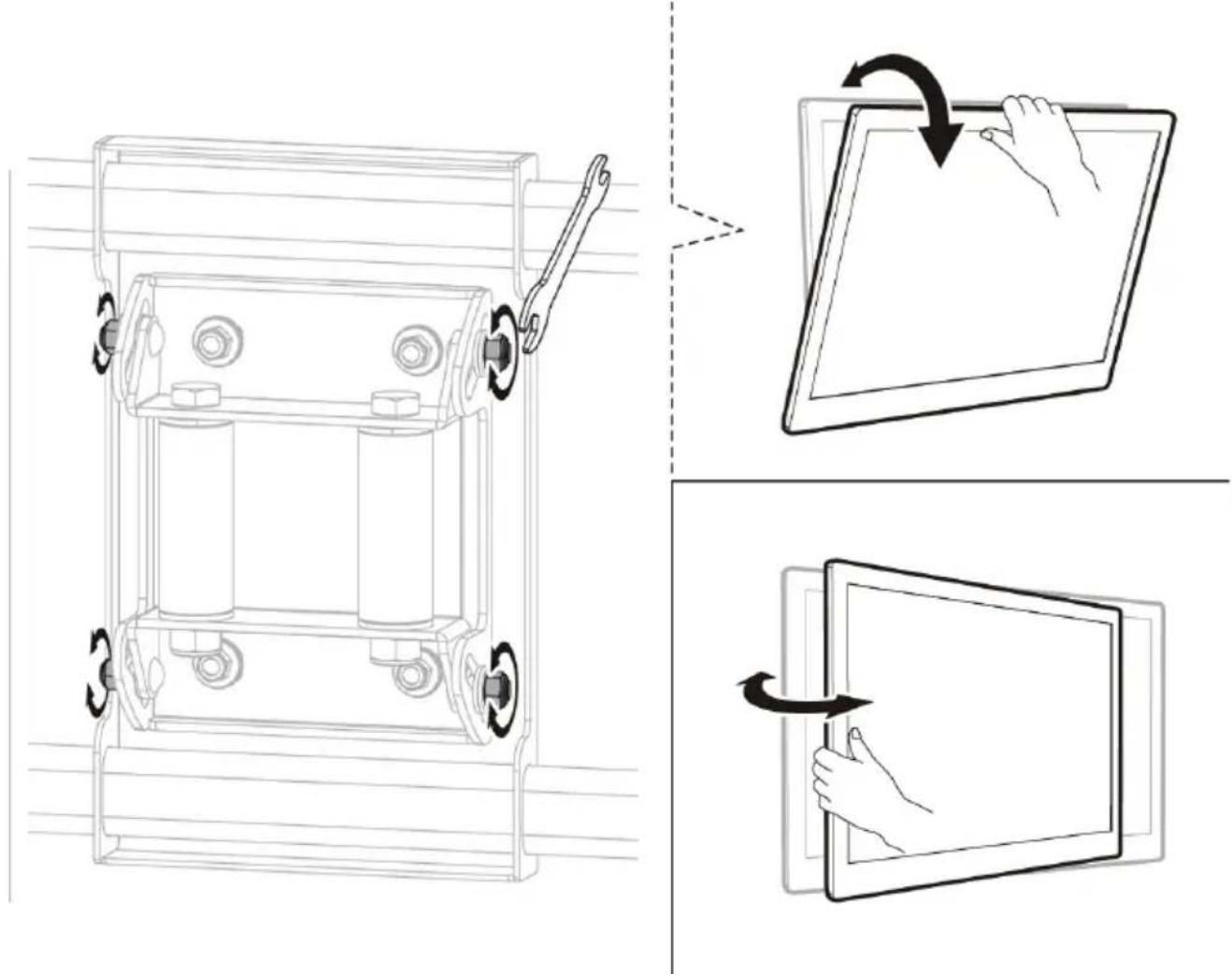 Technical diagram illustrating three-step assembly: frame installation, tablet display, and screen transition.
