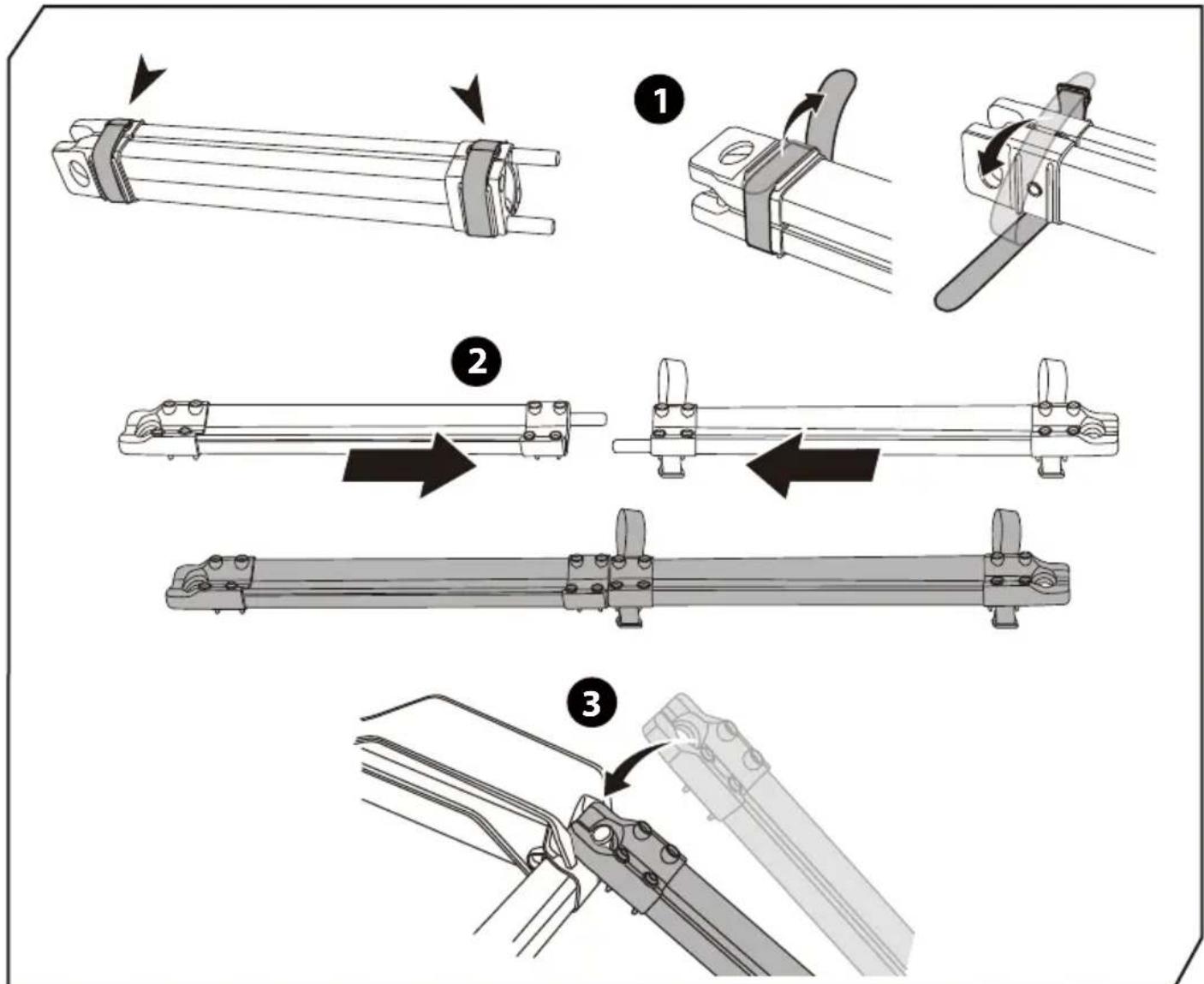 Technical diagram showing three-step assembly steps of a mechanical clamp or bracket with labeled components and directional arrows.