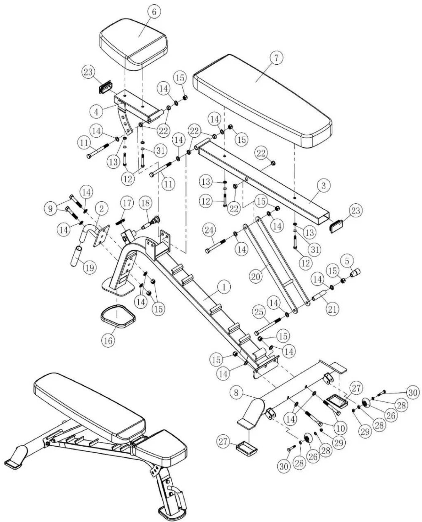 Technical diagram of a gym equipment assembly with numbered components for identification and assembly reference.