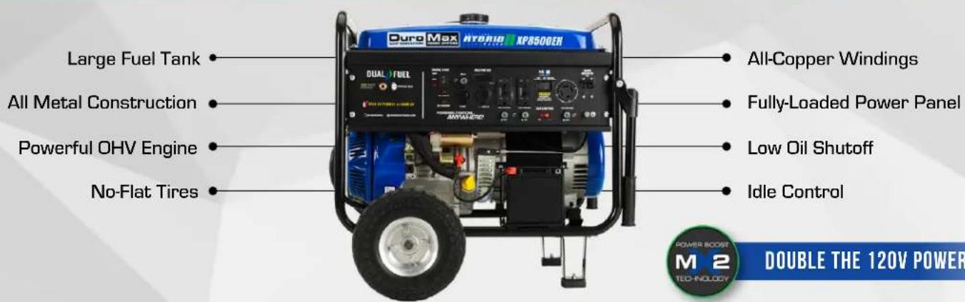 Duro Max HYBRID XP8500EH All-Copper Windings All Metal Construction Fully-Loaded Power Panel Powerful OHV Engine Low Oil Shutoff No-Flat Tires Idle Control DOUBLE THE 120V POWER