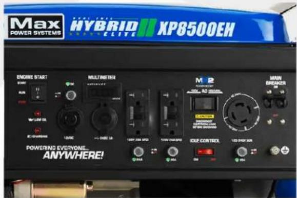 Max POWER SYSTEMS HYBRID XP8500EH HYBRID ELITE ENGRHE START MULTIMETER M 2 MAIN BREAKER POWERING EVERYONE... ANYWHERE! 1200C 1200C 12 120V 120A MPD 120V 120A MPD IDE CONTROL 120 VENT 12A
