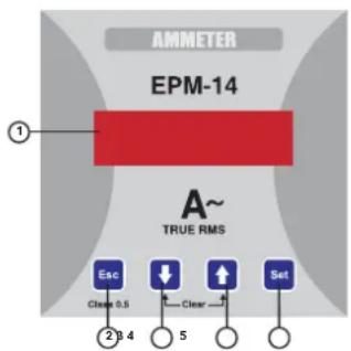 AMMETER EPM-14 ① A~ TRUE RMS Esc Clear 0.5 2 B.4 Clear Set 5
