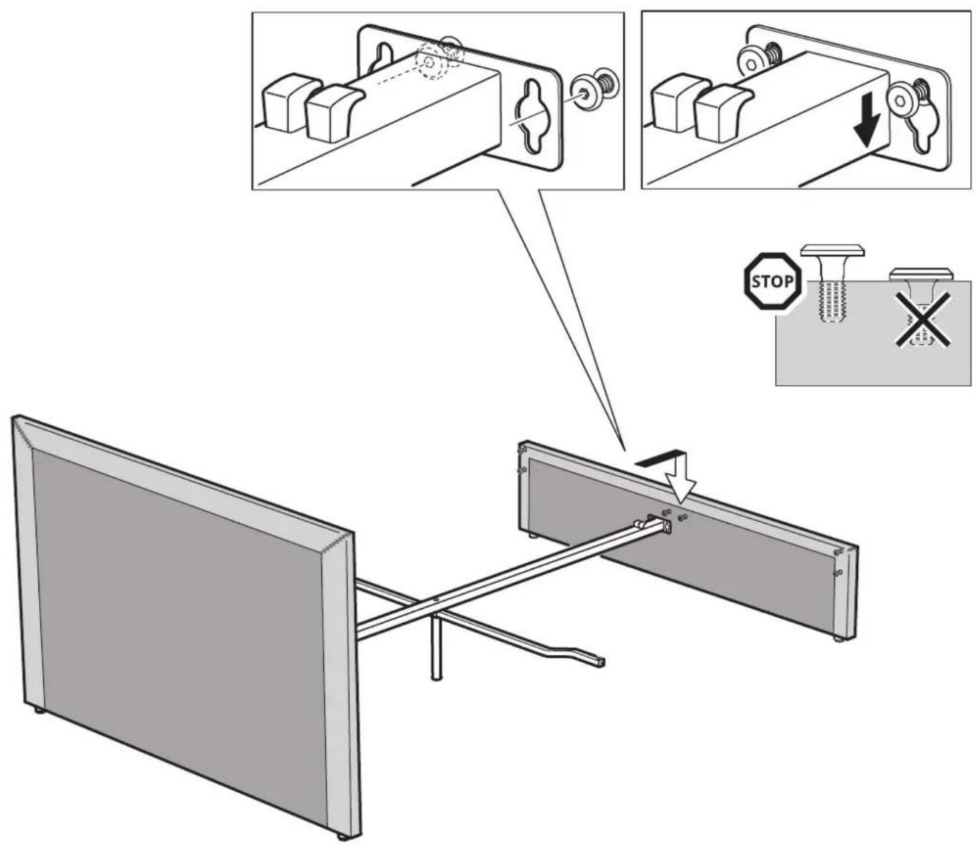 Diagram illustrating a mechanical assembly process with labeled components and a stop sign, showing mechanical assembly steps and a monitor setup.