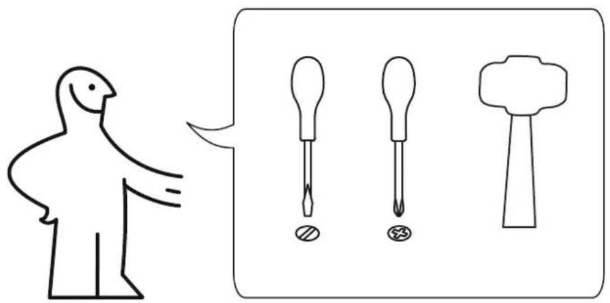 Illustration showing a bird figure pointing to three different screwdriver tips with icons below each, likely illustrating a mechanical or electrical hazard.