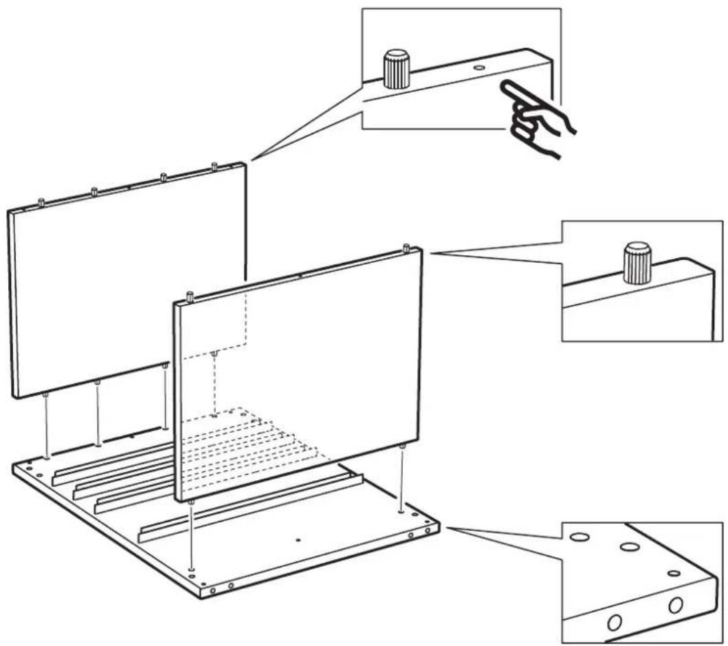 Technical diagram showing assembly steps of a mechanical component with labeled parts and directional arrows indicating assembly direction.