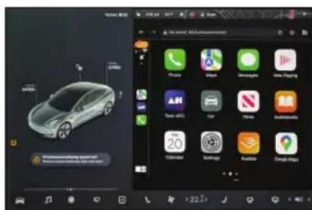 Screenshot of a car management interface showing app icons and a 3D car model with dimension annotations