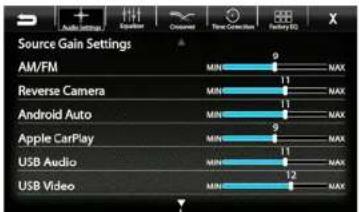 Source Gain Settings AM/FM MIN 9 MAX Reverse Camera MIN 11 MAX Android Auto MIN 11 MAX Apple CarPlay MIN 9 MAX USB Audio MIN 11 MAX USB Video MIN 12 MAX