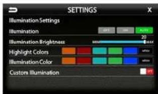 SETTINGS Illumination Settings Illumination 20 Illumination Brightness Highlight Colors Illumination Color Custom Illumination