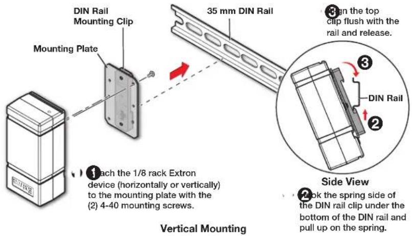 DIN Rail Mounting Clip Mounting Plate 35 mm DIN Rail 3 DIN Rail 3 DIN Rail 2 1 each the 1/8 rack Extron device (horizontally or vertically) to the mounting plate with the (2) 4-40 mounting screws. Side View 2 1 took the spring side of the DIN rail clip under the bottom of the DIN rail and pull up on the spring. Vertical Mounting