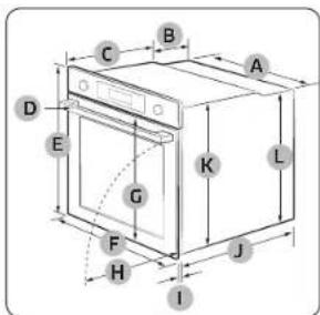 Technical diagram of an oven with labeled parts and dimensions for assembly or design reference.
