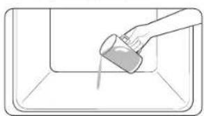 Simple line drawing of a hand pouring liquid into a container (no text or symbols)