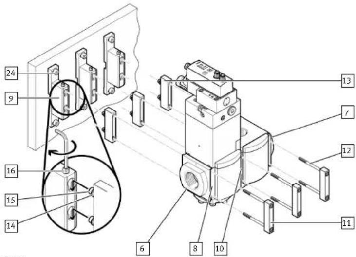 Technical diagram of a mechanical device with numbered components and a magnified inset view showing internal structure.
