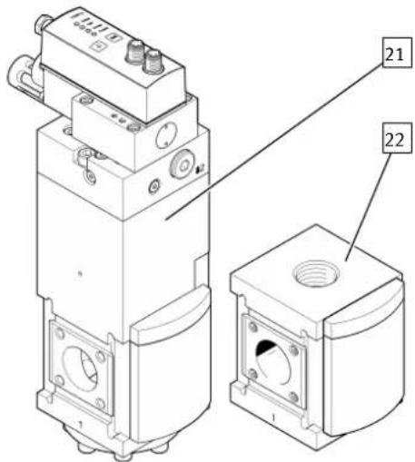 Technical diagram of a mechanical device with labeled parts 21 and 22, showing internal components and mounting features.
