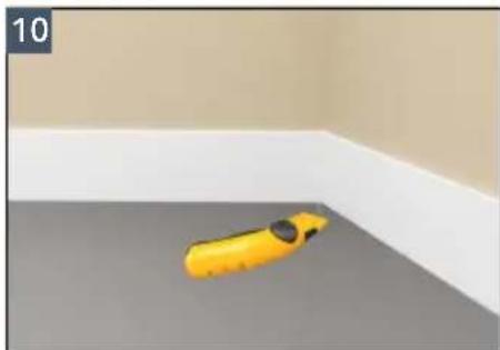 3D-rendered yellow object on a gray floor in an indoor corner, no text or symbols visible