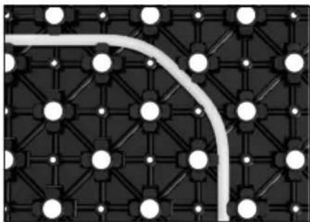 Abstract pattern of black and white geometric shapes with a curved white line extending from a central point (no text or symbols)