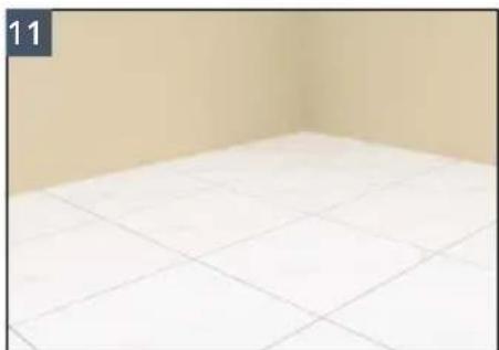 Interior corner of a room with tiled floor and beige walls (no text or symbols visible)