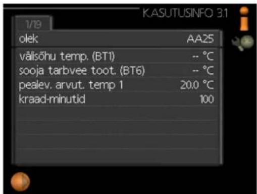 1/19 olek AA25 välisõhu temp. (BT1) -- °C sooja tarbvee toot. (BT6) -- °C pealev. arvut. temp 1 20.0 °C kraad-minutid 100