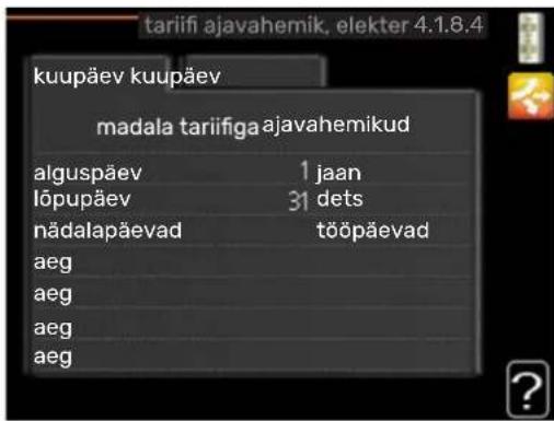 tariifi ajavahemik, elekter 4.1.8.4 kuupäev kuupäev madala tariifiga ajavahemikud alguspäev 1 jaan löpupäev 31 dets nädalapäevad tööpäevad aeg aeg aeg aeg