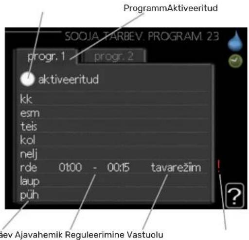 ProgrammAktiveeritud SOOJA TARBEV. PROGRAM 23 progr. 1 progr. 2 aktiveeritud kk esm teis kol nelj rde 01:00 - 00:15 tavarežim! laup püh ?ev Ajavahemik Reguleerimine Vastuolu