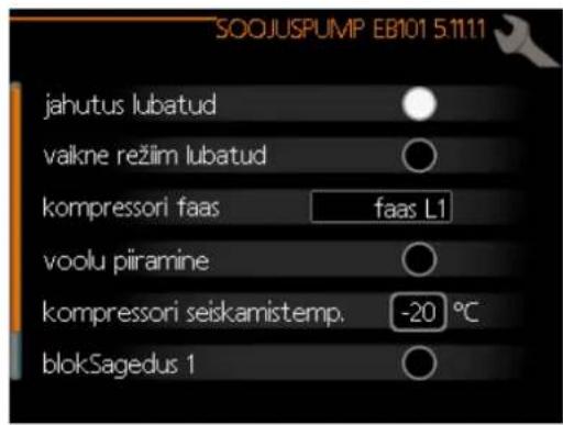 SOOJUSPUMP EB101 5.11.11 jahutus lubatud valkne režlim lubatud kompressori faas faas L1 voolu piiramine kompressori seiskamistemp. -20 °C blokSagedus 1