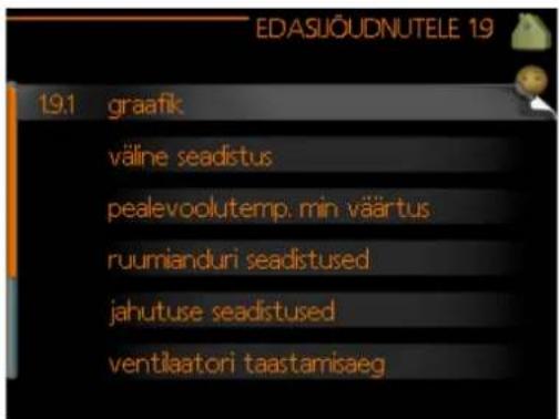 EDASUÖUDNUTELE 19 19.1 graafik väline seadistus pealevoolutemp. min väärtus ruumianduri seadistused jahutuse seadistused ventilaatori taastamisaeg