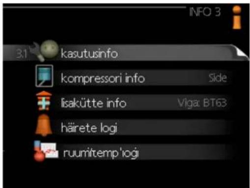3.1 kasutusinfo kompressori info Side lisakütte info Viga: BT63 häirete logi ruumitemp'logi INFO 3