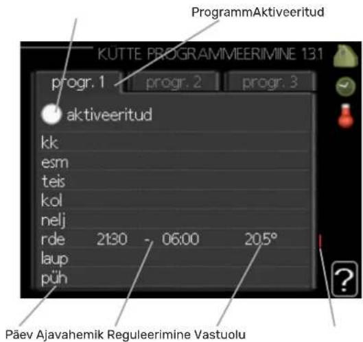 ProgrammAktiveeritud KUTTE PROGRAMMEERIMINE 131 progr. 1 progr. 2 progr. 3 aktiveeritud kk esm teis kol nelj rde 2130 06:00 205° laup püh Päev Ajavahemik Reguleerimine Vastuolu