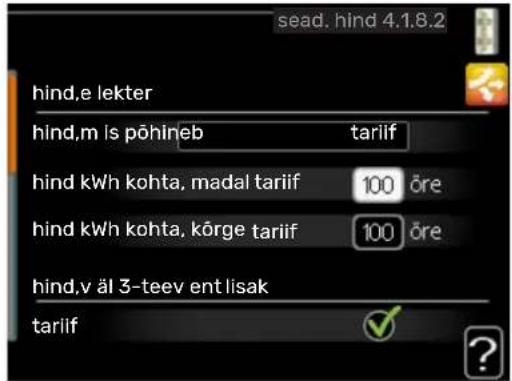 sead. hind 4.1.8.2 hind,e lekter hind,m is põhineb tarilf hind kWh kohta, madal tariif 100 öre hind kWh kohta, kõrge tariif 100 öre hind,v äl 3-teev ent lisak tarilf
