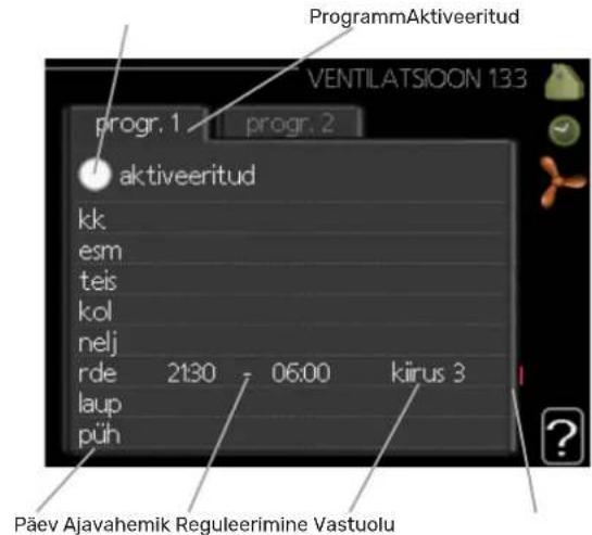 ProgrammAktiveeritud VENTILATSIOON 133 progr. 1 progr. 2 aktiveeritud kk esm teis kol nelj rde 2130 06:00 kirus 3 laup püh Päev Ajavahemik Reguleerimine Vastuolu