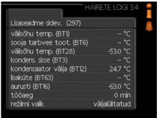 HAIRETE LOGI 3.4 Lisaseadme sidev. (297) välisõhu temp. (BT1) -- °C sooja tarbvee toot. (BT6) -- °C välisõhu temp. (BT28) -53.0 °C kondens. sisse (BT3) -- °C kondensaator välja (BT12) 24.7 °C lisaküte (BT63) -- °C aurusti (BT16) -63.0 °C tööaeg 0 min režimi valik väljalilitatud