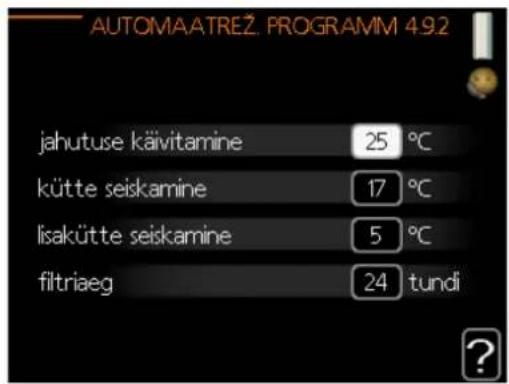 AUTOMAATREZ. PROGRAMM 4.92 jahutuse käivitamine 25 °C kütte seiskamine 17 °C lisakütte seiskamine 5 °C filtriaeg 24 tundi