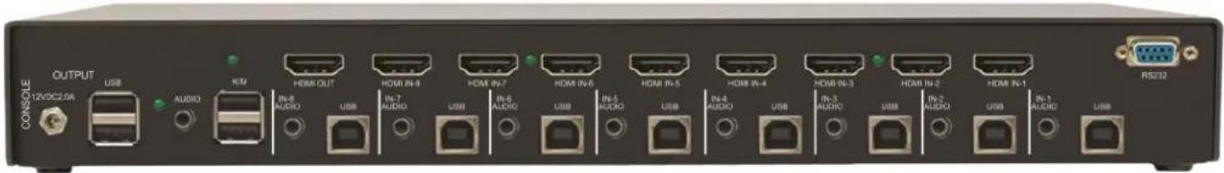 CONSOLE OUTPUT 12VDC2.0A USB AUDIO K/M IN-8 AUDIO USB IN-7 HDMI OUT HDMI IN-6 IN-8 AUDIO USB IN-5 HDMI IN-4 IN-4 AUDIO USB IN-3 HDMI IN-3 IN-3 AUDIO USB IN-2 HDMI IN-2 IN-2 AUDIO USB IN-1 HDMI IN-1 RS2/22