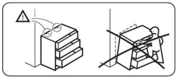 Safety warning illustration showing a device with warning symbols and a person using a safety harness.