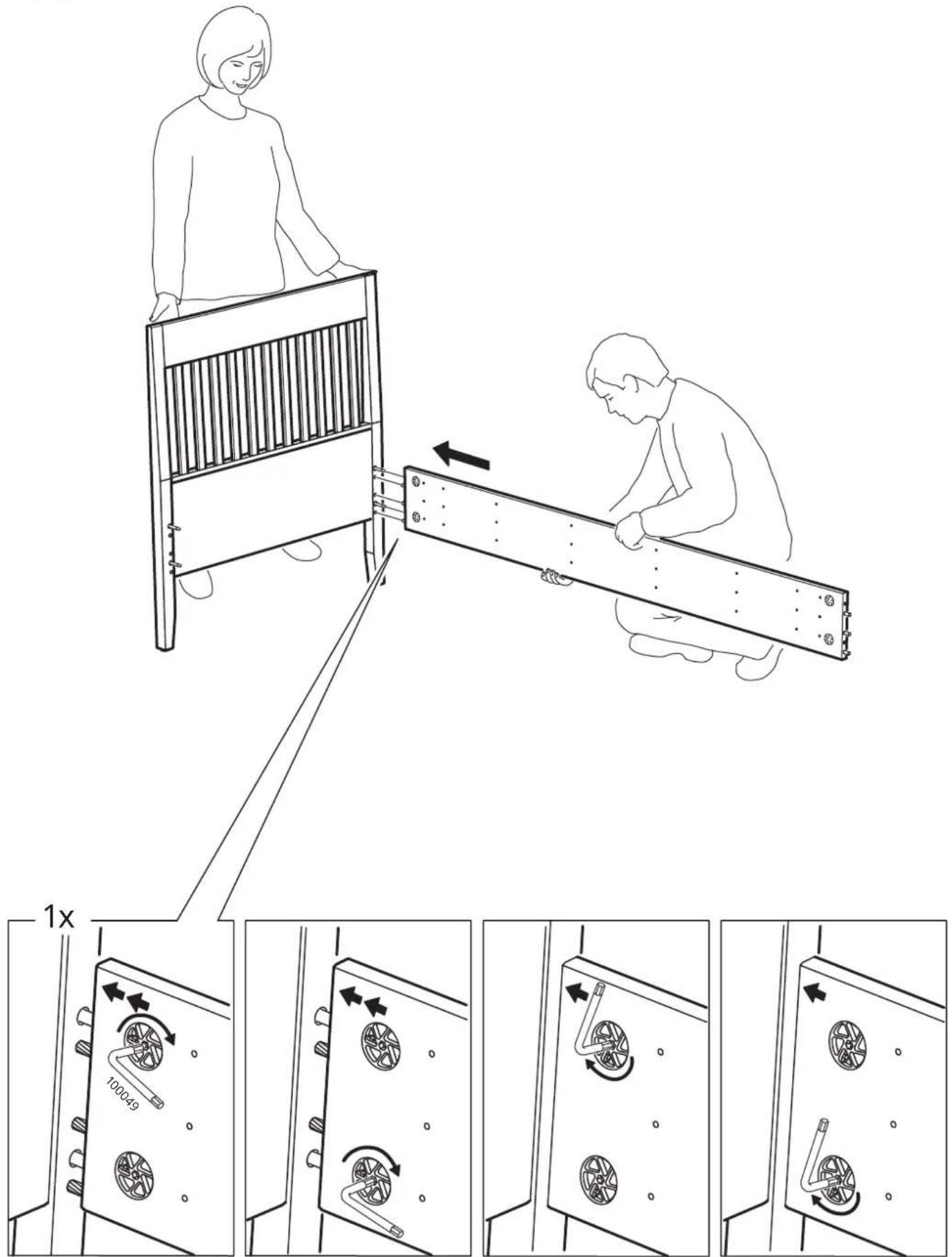 Technical diagram illustrating a mechanical assembly process with labeled parts and directional arrows, including 1x magnified views.