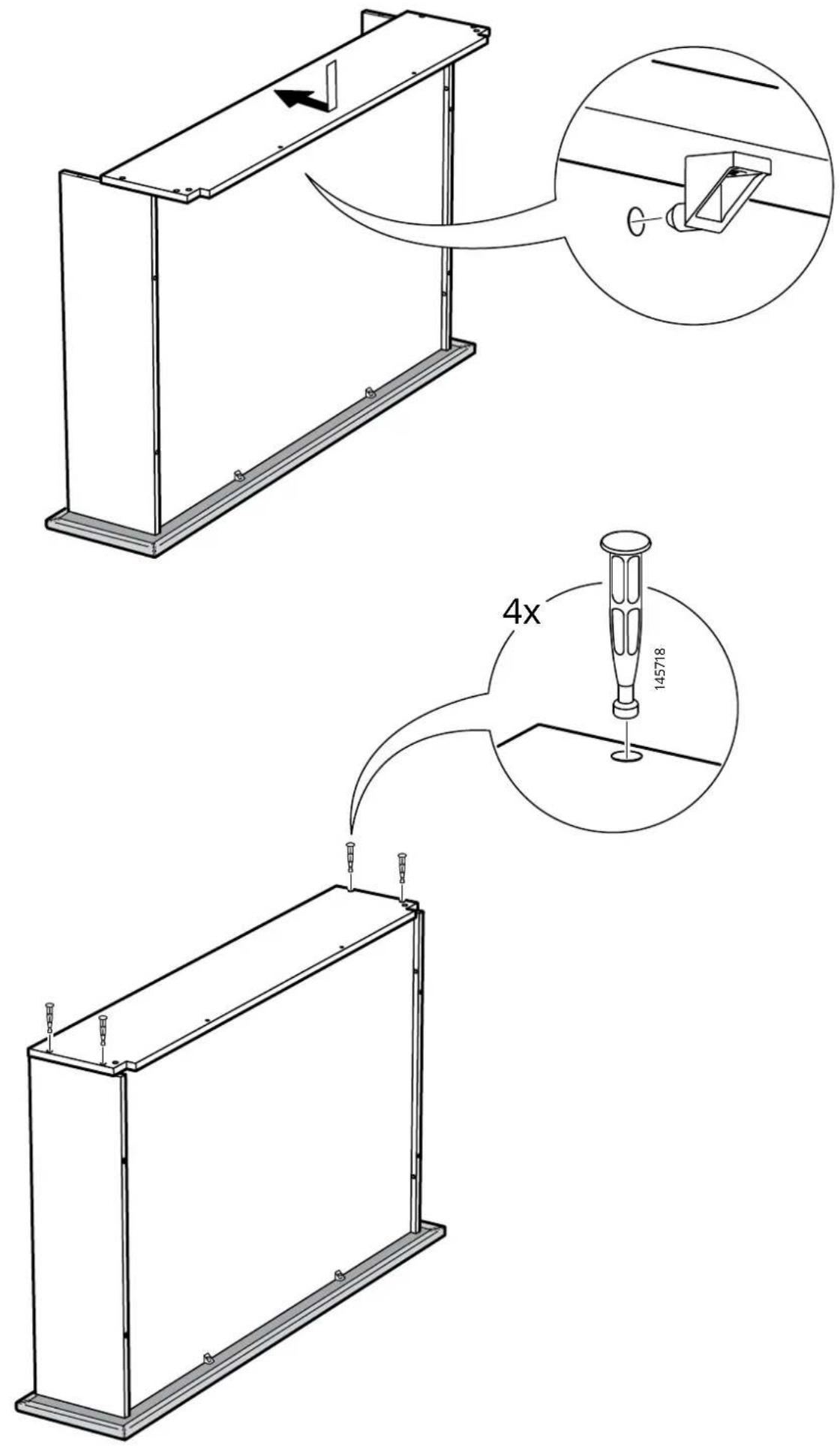 Technical diagram showing three views of a structural frame with an inset close-up of a component being inserted, including dimension annotations like 4x and 145718.