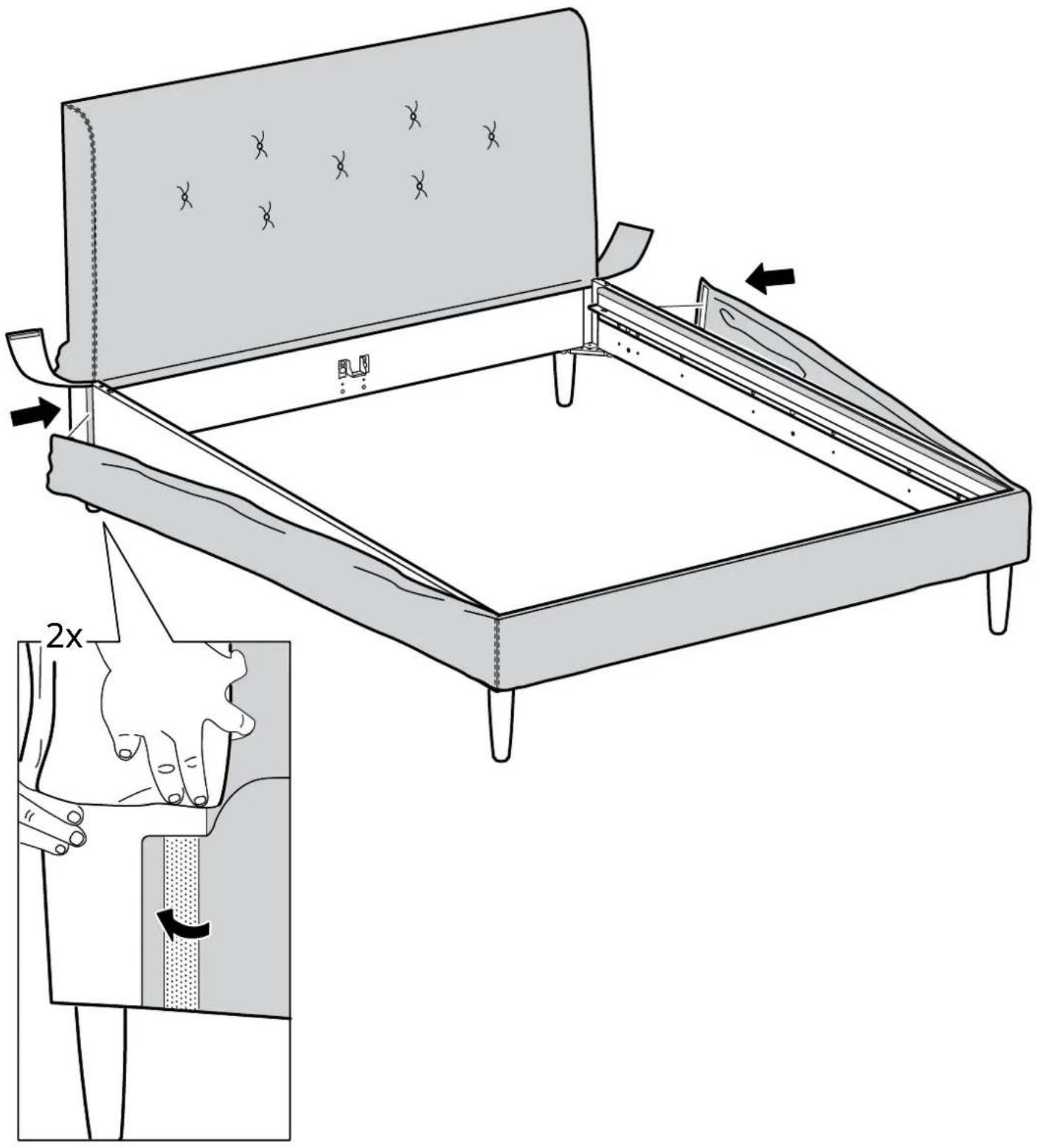 Technical diagram illustrating a folding or folding process on a bed, with labeled parts and directional arrows indicating movement.