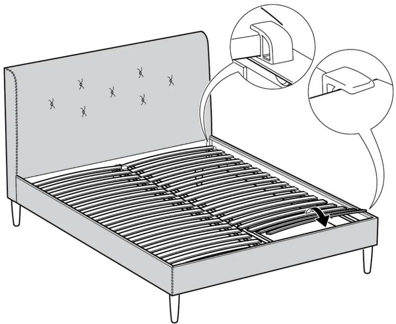 Diagram illustrating a bed with slats and a rack, showing structural details and component placement with magnified insets.