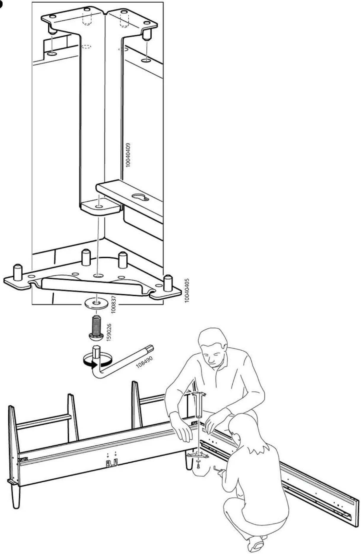 Technical diagram showing mechanical assembly with labeled parts and a worker inspecting a metal frame