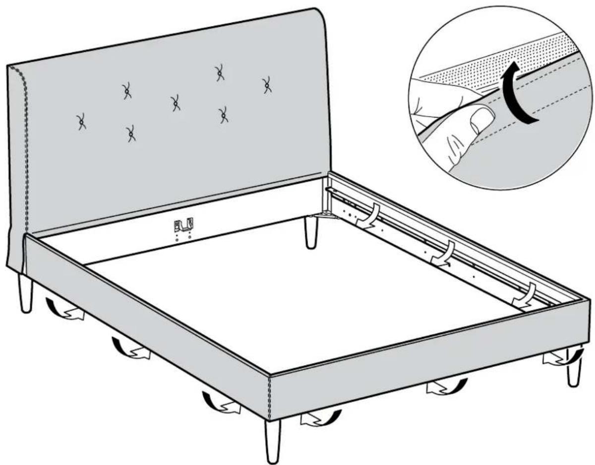 Line drawing of a bed with side supports and a magnified inset showing hand positioning and fabric texture (no text or symbols)