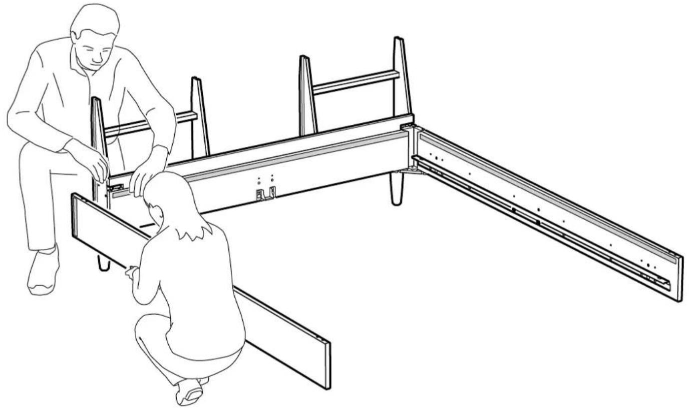 Line drawing of two people assembling or repairing a large metal frame structure (no text or symbols)