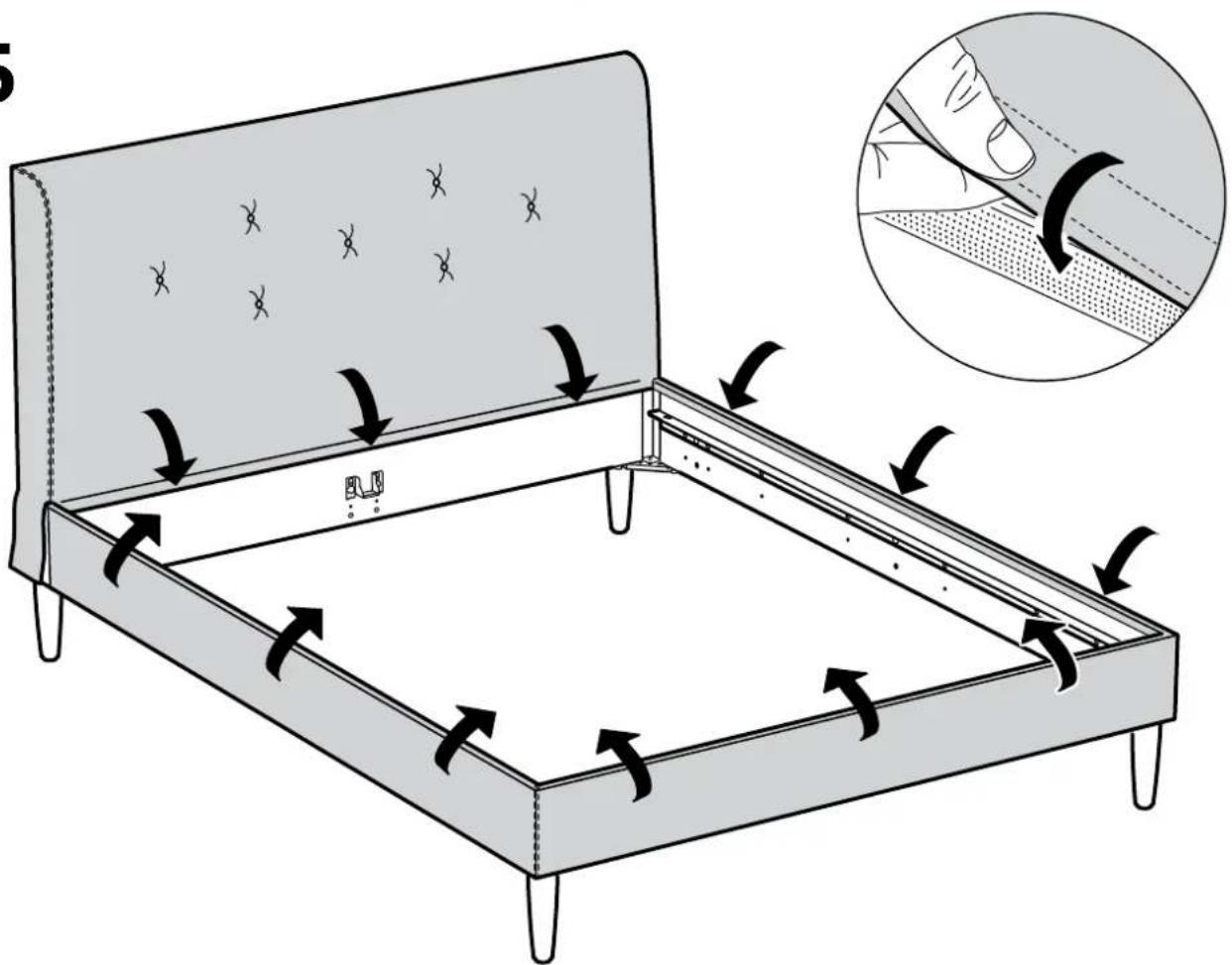 Diagram illustrating fabric rolling process with arrows indicating movement and a magnified inset showing hand pressing down on a textured surface.