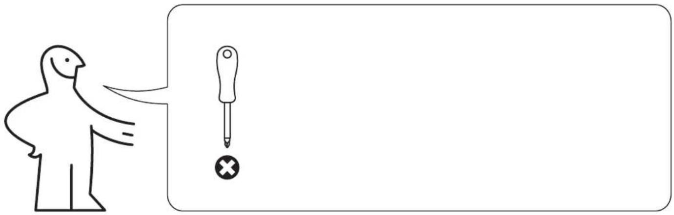 Diagram showing a person pointing at a screwdriver with an exclamation mark, likely illustrating a warning or error.