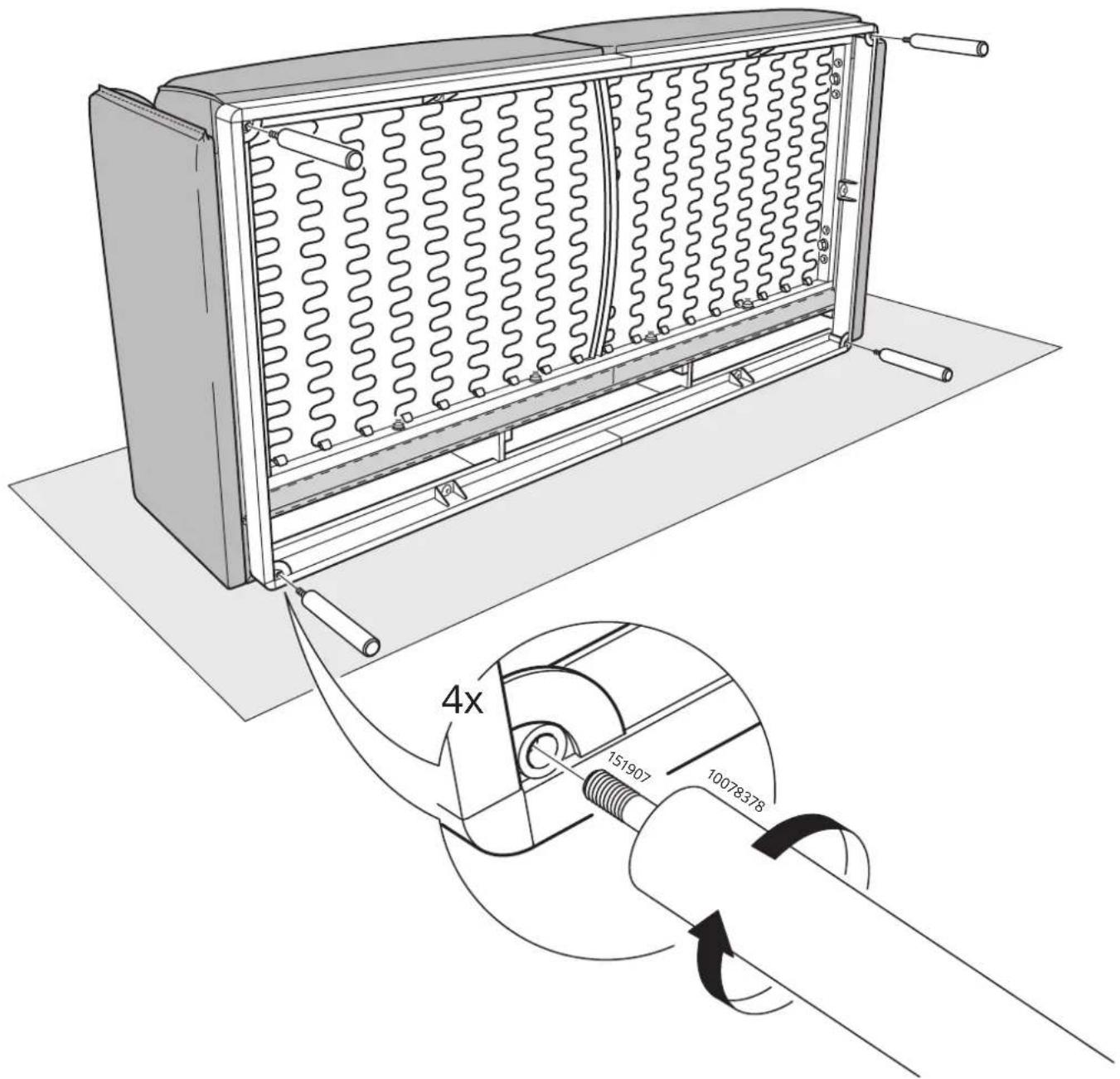 Technical diagram of a heat exchanger with labeled components and a magnified view showing internal structure and mechanical assembly.