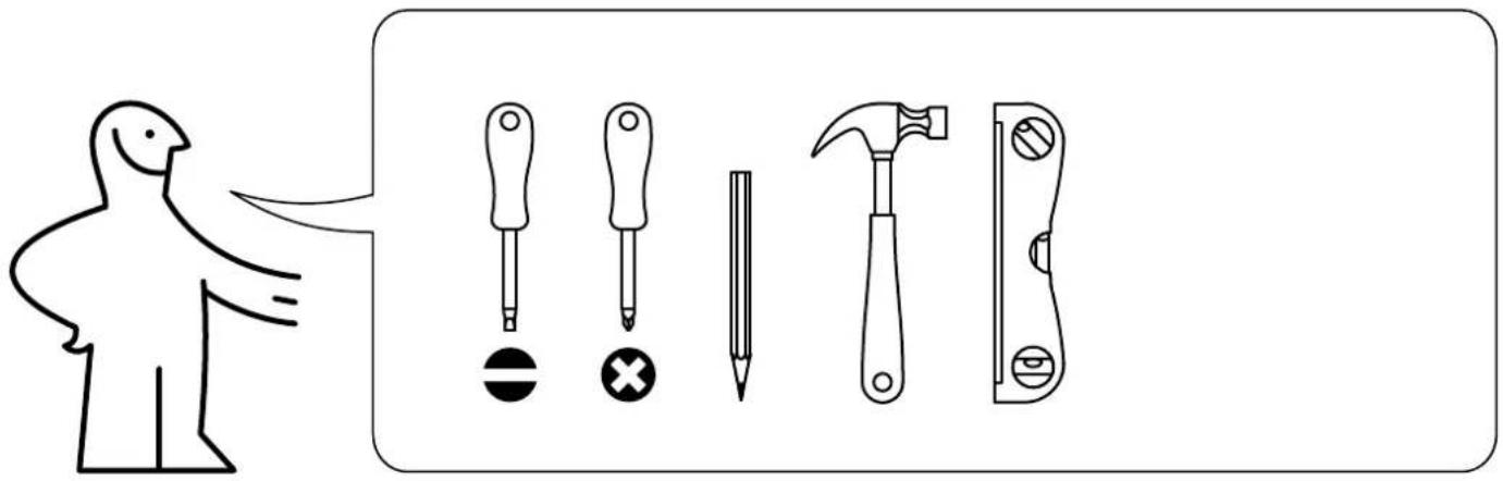 Illustration showing a person pointing to five different types of tools: screwdriver, hammer, screwdriver with cross, screwdriver with circle, and screwdriver with hammer.