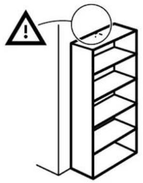 Diagram showing a warning sign pointing to a stack of shelves with a circular symbol above, indicating hazard or caution.
