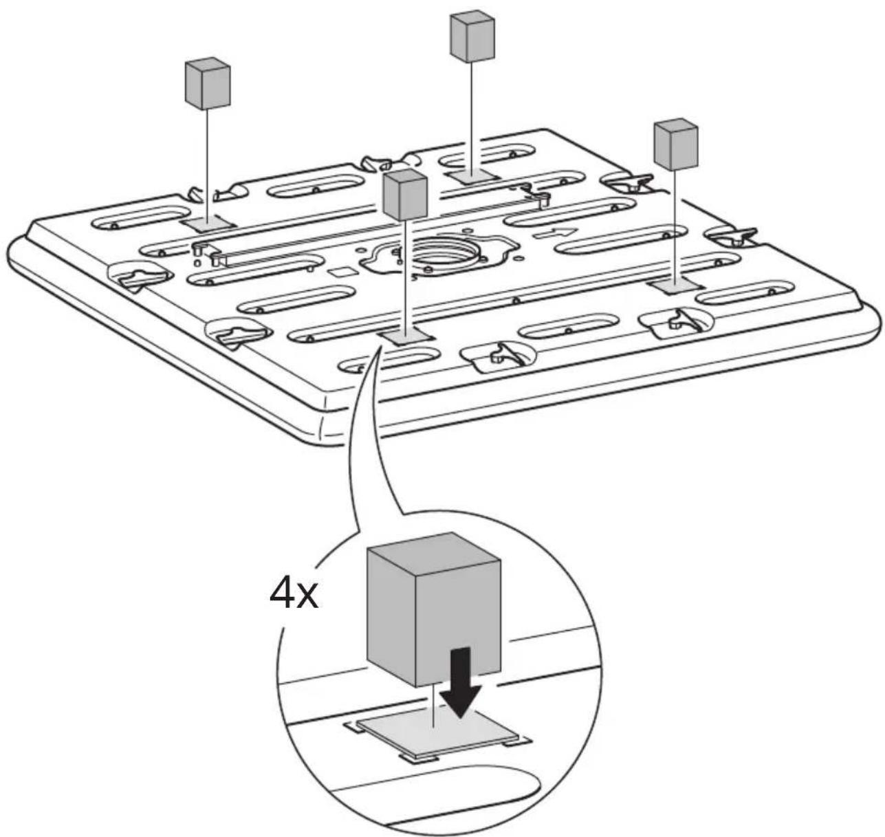 Technical diagram showing a 3D component assembly with labeled parts and a magnified view of a 4x increase in a 3D block being inserted.