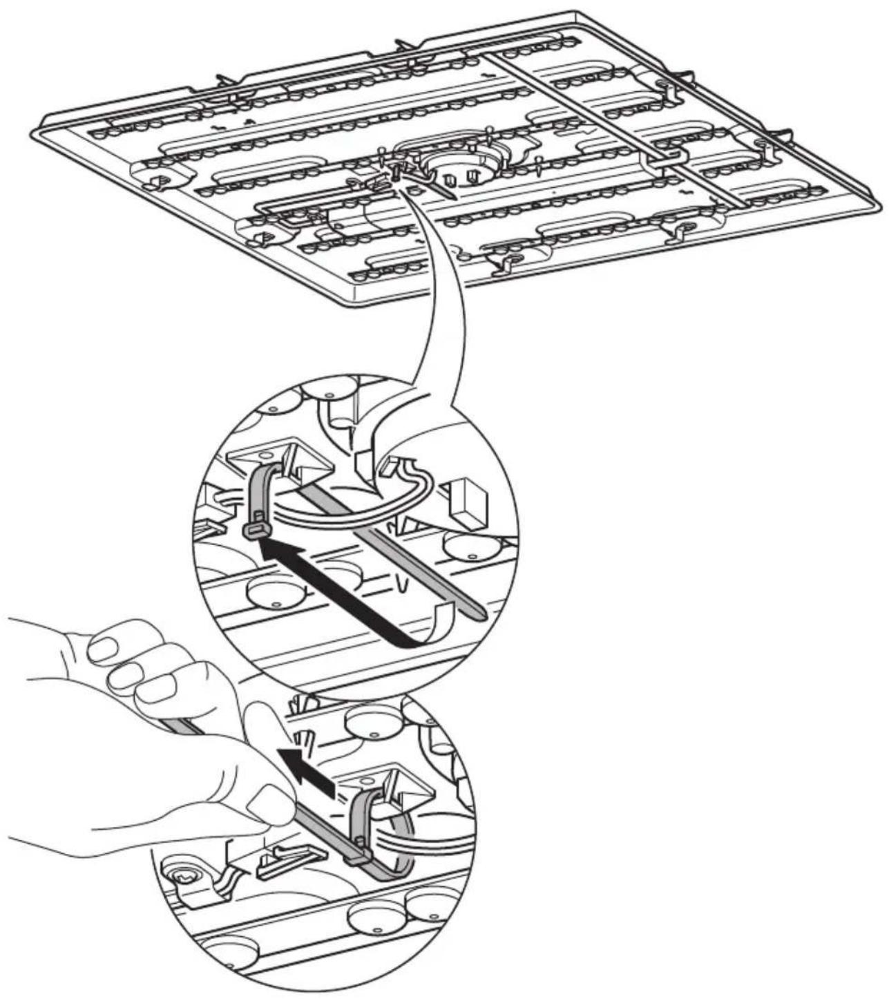 Technical diagram illustrating mechanical assembly steps with magnified views showing tool path and component placement
