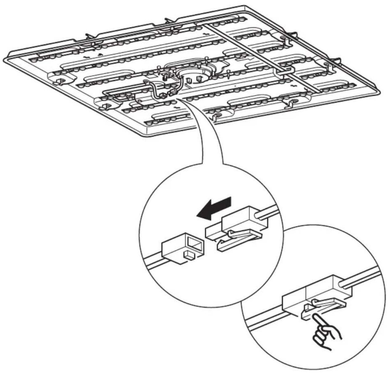 Technical diagram showing assembly of a mechanical component with three views: top view, side view with internal components, and bottom view with hand gesture.